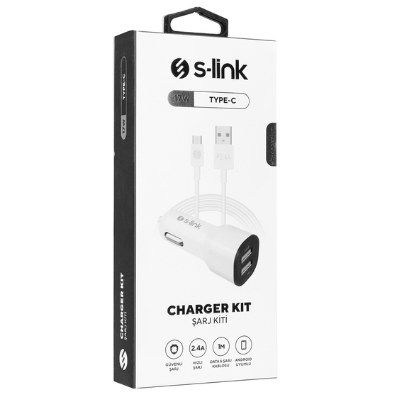 S-link SL-EC30T Type-C Kablolu 3.4A 2 USB Beyaz Araç Şarj Cihazı