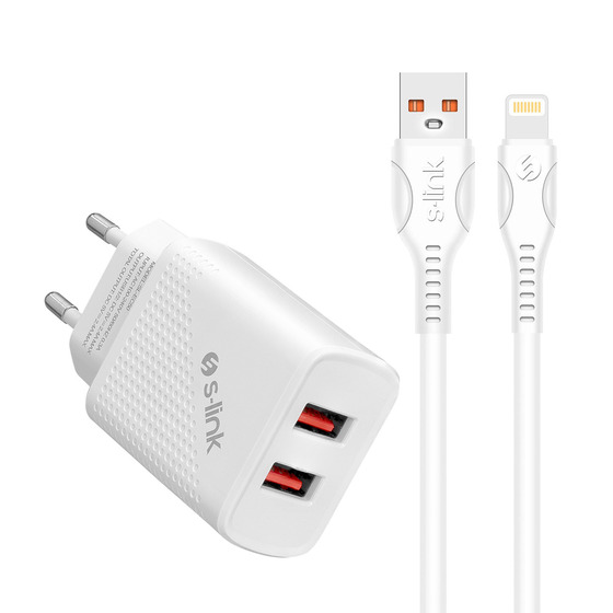 S-link SL-EC50 (SL-EC50L) 5V 2400MA Lightning Kablolu 2 USB Çıkışlı Beyaz Ev Şarj Adaptörü