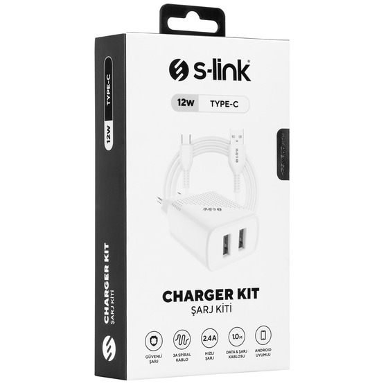 S-link SL-EC50 (SL-EC50T) 5V 2400MA Type-C Kablolu 2 USB Çıkışlı Beyaz Ev Şarj Adaptörü