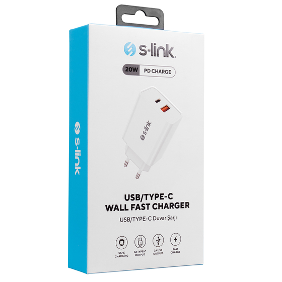 S-link SL-EC60 20W PD3.0/Quick Charge QC3.0 Type USB-C +USB A Hızlı Beyaz Ev Şarj Adaptör