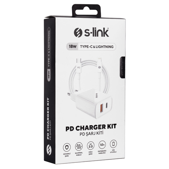 S-link Swapp SW-C1130X Lightning PD Kablo 18W PD3.0/Quick Charge QC3.0 Type USB-C +USB A Beyaz Hızlı