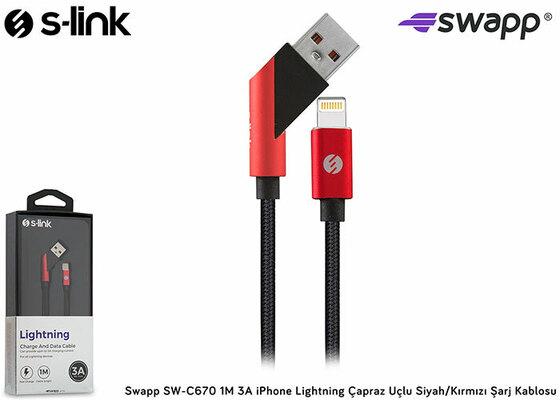 S-LINK SWAPP SW-C670 1M 3A IPHONE LIGHTNING CAPRAZ UCLU SIYAH/KIRMIZI SARJ KABLOSU