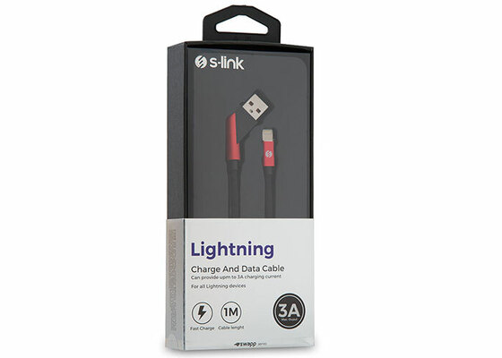 S-LINK SWAPP SW-C670 1M 3A IPHONE LIGHTNING CAPRAZ UCLU SIYAH/KIRMIZI SARJ KABLOSU