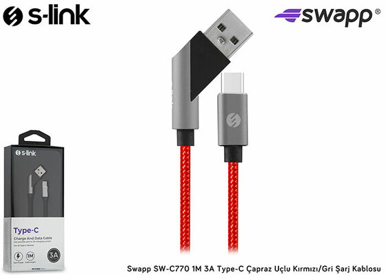 S-LINK SWAPP SW-C770 1M 3A TYPE-C CAPRAZ UCLU KIRMIZI/GRI SARJ KABLOSU