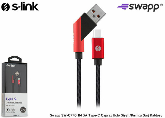 S-LINK SWAPP SW-C770 1M 3A TYPE-C CAPRAZ UCLU SIYAH/KIRMIZI SARJ KABLOSU