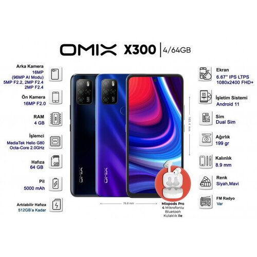 Omix X300 Siyah 4gb Ram/64 Gb Rom Mixpods Pro Kulaklık Hediye