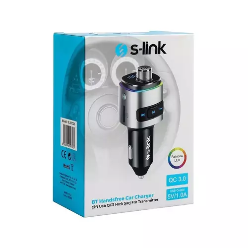 S-link SL-BT225 Rainbow Bluetooth V5 Çift Usb QC3.-03.6V-12V/3A Fm Transmitter