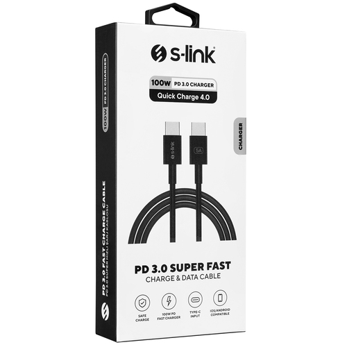 S-LINK SL-C124 1M 20V 5A 100WATT PD 3.0 TYPE C TO TYPE C QUİCK SUPER CHARGE DATA VE SARJ KABLOSU