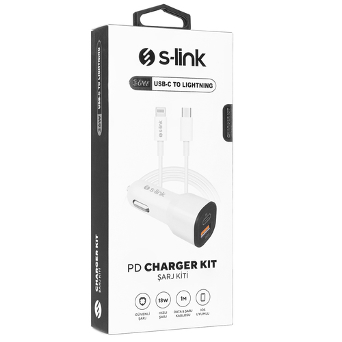 S-link SL-EC35PD 36W PD 3.0 Lightning PD Kablo 3.4A Hızlı Şarj PD 18W + USB QC3.0 Beyaz Araç Şarj Ci