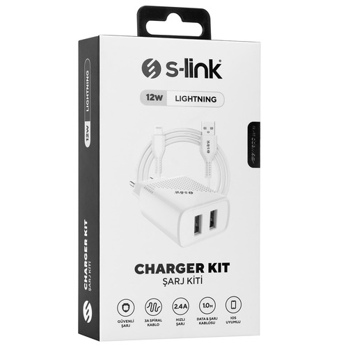 S-link SL-EC50 (SL-EC50L) 5V 2400MA Lightning Kablolu 2 USB Çıkışlı Beyaz Ev Şarj Adaptörü