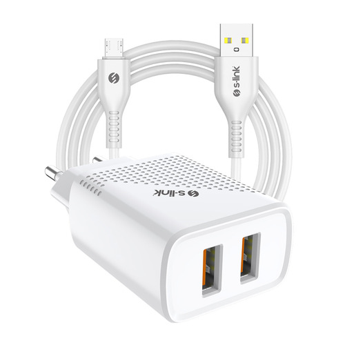 S-link SL-EC50 (SL-EC50M) 5V 2400MA Micro Kablolu 2 USB Çıkışlı Beyaz Ev Şarj Adaptörü