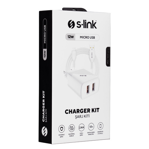 S-link SL-EC50 (SL-EC50M) 5V 2400MA Micro Kablolu 2 USB Çıkışlı Beyaz Ev Şarj Adaptörü