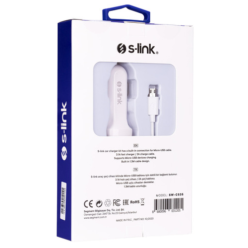 S-LINK SWAPP SW-C535 1 USB + 3.1A MICRO KABLOLU ARAC SARJ CIHAZI