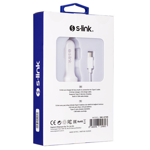 S-link Swapp SW-C735 Type-C Kablolu 5V 3.1A Kablolu Araç Şarj Cihazı