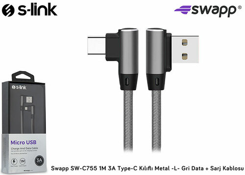 S-LINK SWAPP SW-C755 1M 3A TYPE-C KILIFLI METAL -L- GRI DATA + SARJ KABLOSU