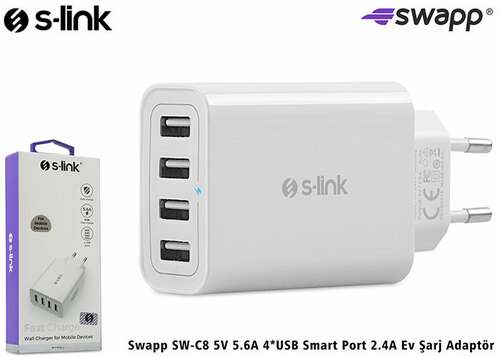 S-link Swapp SW-C8 5V 5.6A 4*USB Smart Port 2.4A Ev Şarj Adaptör