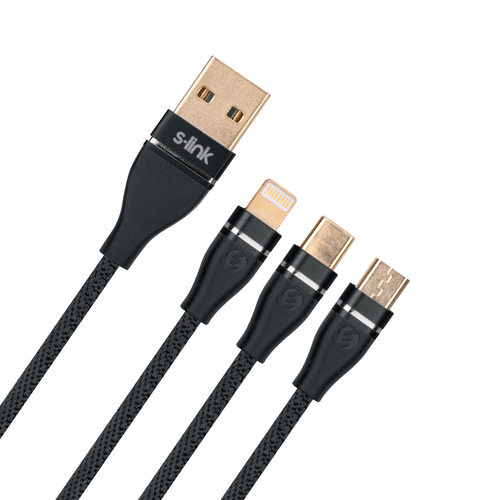 S-LINK SWAPP SW-C900 1M 3A MICROUSB+LIGHTNING+TYPEC 3 IN 1 SIYAH SARJ KABLOSU