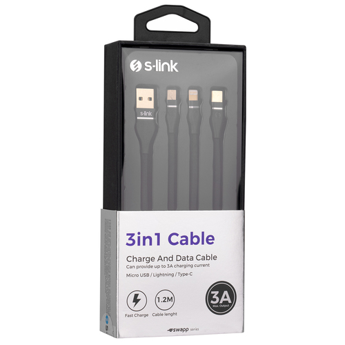 S-LINK SWAPP SW-C900 1M 3A MICROUSB+LIGHTNING+TYPEC 3 IN 1 SIYAH SARJ KABLOSU